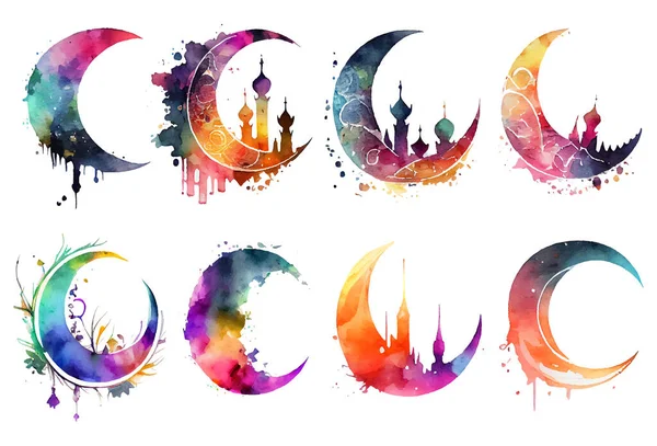Set Acuarela Vector Ilustración Media Luna Musulmana Ramadán Concepto — Archivo Imágenes Vectoriales