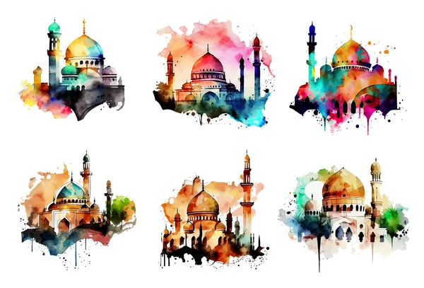 Set Vektor Aquarell Illustration Der Muslimischen Grußkarte Bogen Ramadan Konzept — Stockvektor