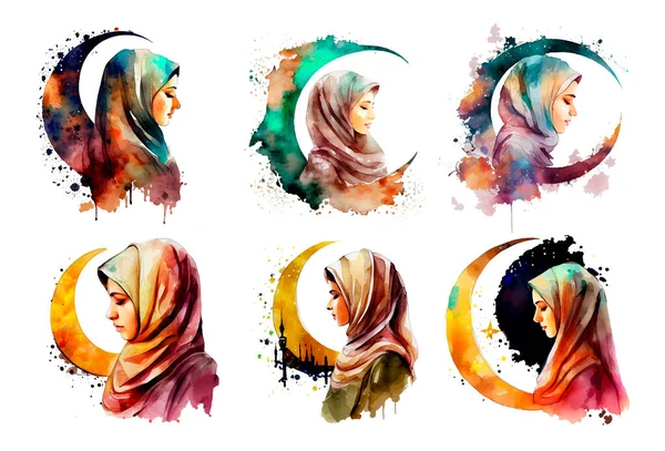 Set Aquarell Illustration Einer Muslimischen Frau Hidschab Ramadan Konzept — Stockvektor