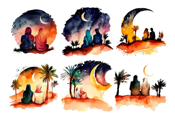 Set Vektor Aquarell Illustration Eines Muslimischen Paares Der Wüste Mit — Stockvektor