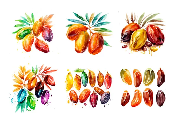 Set Watercolor Vector Illustration Muslim Ramadan Date Fruit Concept — Stock Vector