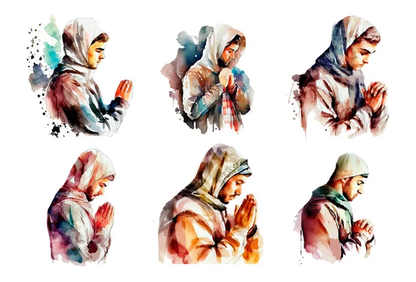 Set Vektor Akvarel Ilustrace Muslimského Muže Modlící Ramadán Koncept — Stockový vektor