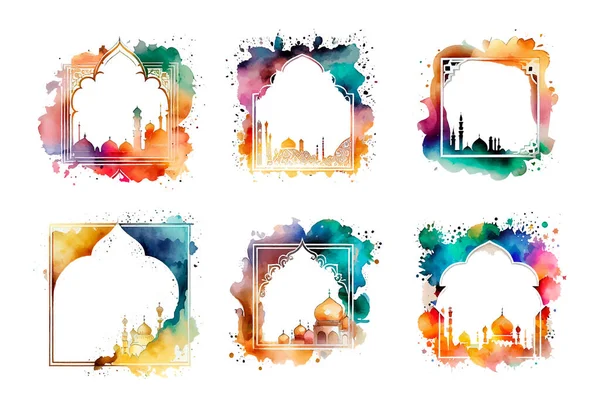 Set Vector Watercolor Illustration Muslim Greeting Card Arch Ramadan Concept — Stock Vector