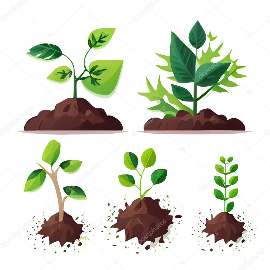 Set vector illustration of plant growing on soil in hands isolate.