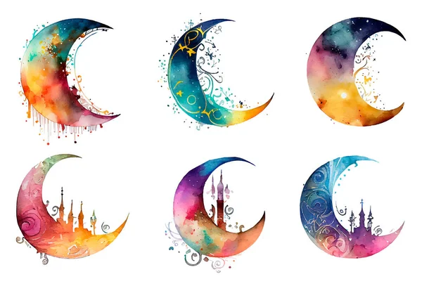 Uppsättning Akvarell Vektor Illustration Muslimsk Halvmåne Ramadan Koncept — Stock vektor