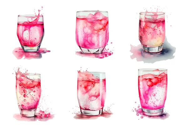 Uppsättning Vektor Akvarell Illustration Muslimskt Rosa Vatten Glas Ramadan Koncept — Stock vektor