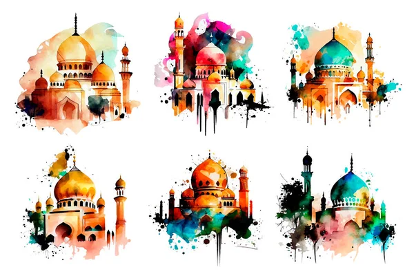 Set Vektor Aquarell Illustration Der Muslimischen Grußkarte Bogen Ramadan Konzept — Stockvektor
