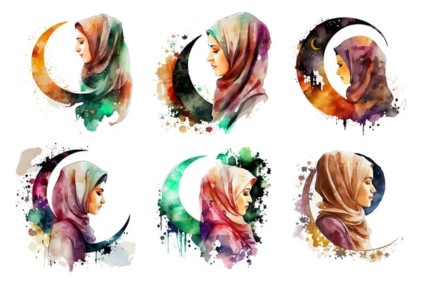 Set Aquarell Illustration Einer Muslimischen Frau Hidschab Ramadan Konzept — Stockvektor