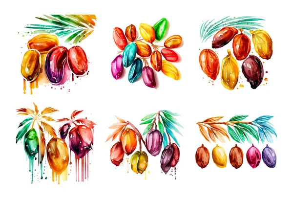 Set Acquerello Vettoriale Illustrazione Del Concetto Frutta Data Ramadan Musulmano — Vettoriale Stock