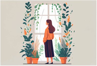 Çiçek ve bitkilerle pencereye bakan kadının vektör çizimi .