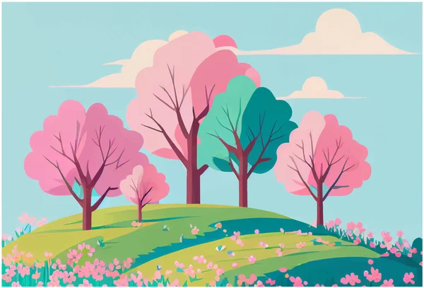 ピンクと緑の木で春の公園のベクトルイラストアウトドア漫画風 — ストックベクタ