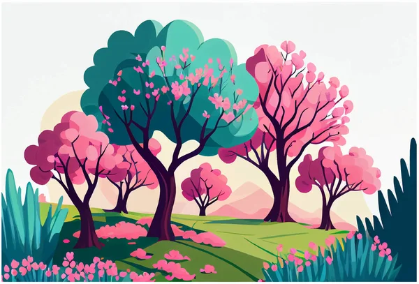 Illustration Vectorielle Parc Printanier Avec Arbre Rose Vert Nature Style — Image vectorielle