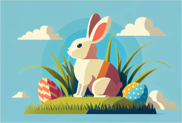 Vektor Illustration Des Hasen Mit Ostereiern Frühling Natur Freien — Stockvektor