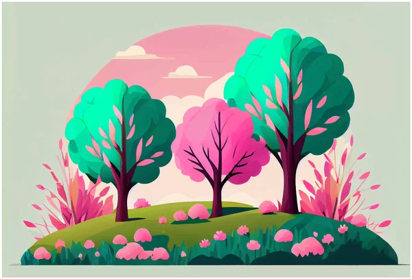 Vektorová Ilustrace Jarního Parku Růžovým Zeleným Stromem Příroda Venkovní Kreslený — Stockový vektor
