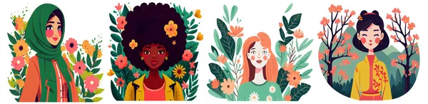 Горизонтальная Векторная Иллюстрация Международных Женщин Цветущих Весенних Цветах Изолировать — стоковый вектор