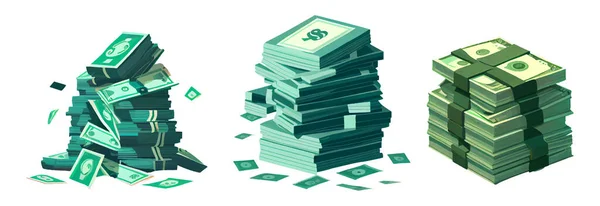 Набір Векторна Ілюстрація Зеленої Купи Грошового Паперу Ізольовані Білому Фоні — стоковий вектор