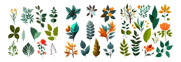 Набор Векторной Иллюстрации Коллекции Элементов Зеленых Листьев Цветов Изолированы — стоковый вектор