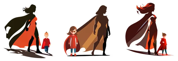 Set Vector Ilustración Mujer Vestido Superhéroe Rojo Con Hijo Aislado — Vector de stock