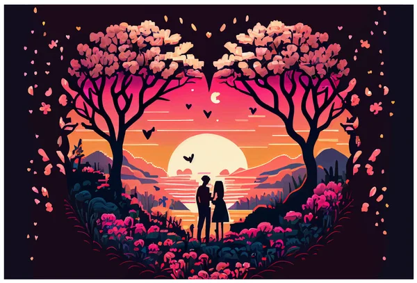 Autocollant Style Dessin Animé Couple Amoureux Coeur Cadre Coucher Soleil — Image vectorielle
