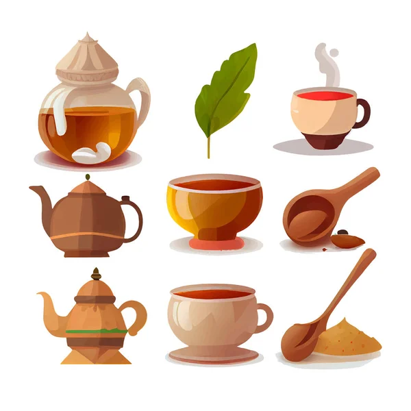 Set Vektorové Ilustrace Indické Masala Čaj Cuo Pot Izolované Bílém — Stockový vektor