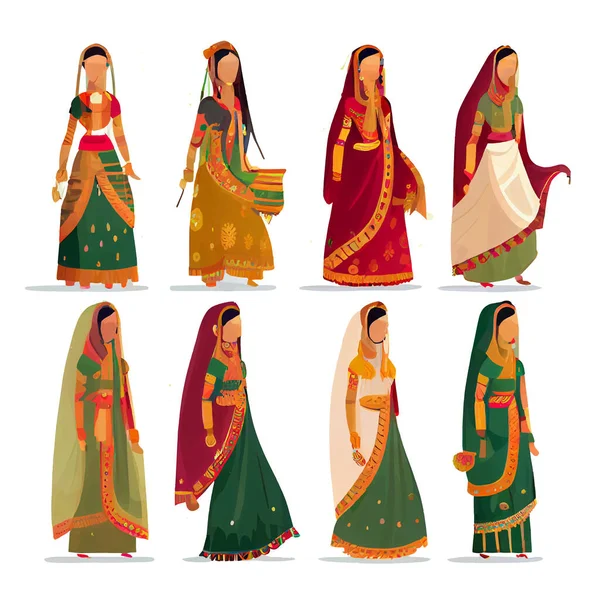 Set Illustration Vectorielle Peuples Indiens Vêtements Traditionnels Isolés Sur Fond — Image vectorielle