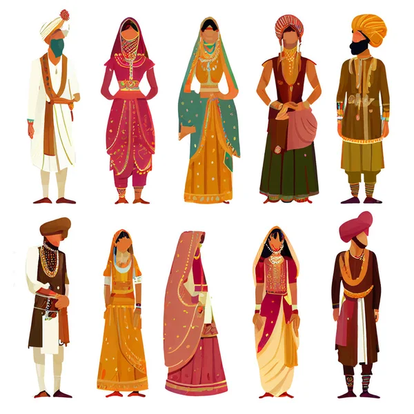 Sada Vektorové Ilustrace Indiánů Tradičních Oděvech Izolovaných Bílém Pozadí — Stockový vektor