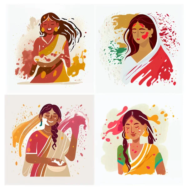 Conjunto Vetor Ilustração Mulher Feliz Selecionando Feliz Poli Festival Indiano — Vetor de Stock