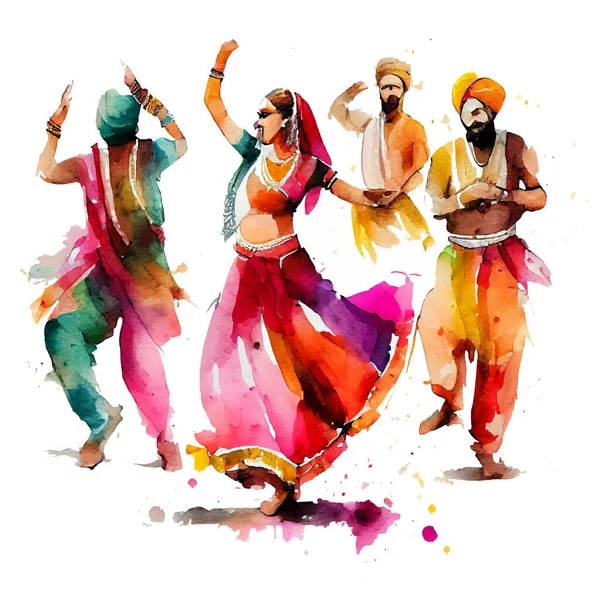 Illustration Vectorielle Aquarelle Personnes Heureuses Dansant Sur Poussière Holi Inde — Image vectorielle
