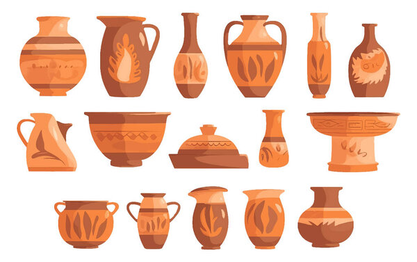 set vector illustration of ancient greek brown vase with wine or olive oil isolate on white.