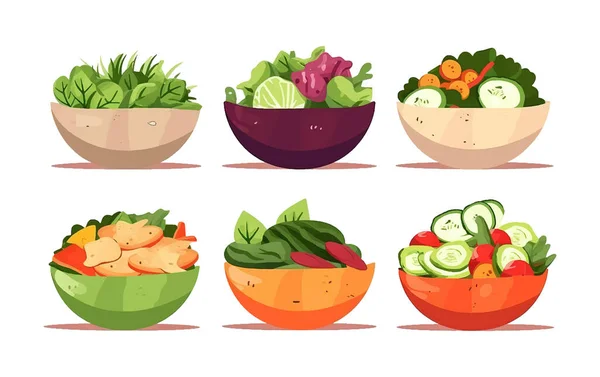 Set Vector Illustratie Van Salade Kom Met Smakelijke Vulling Isoleren — Stockvector