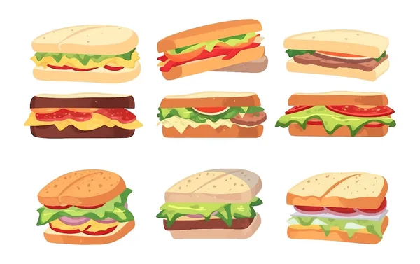 Установить Векторную Иллюстрацию Сэндвича Аппетитной Начинкой Изолировать Белом — стоковый вектор