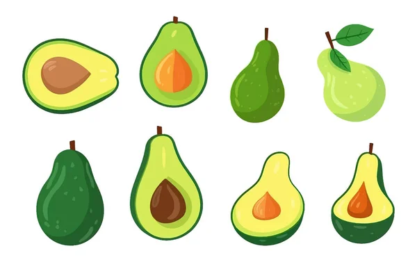 Set Vector Illustratie Van Groen Vers Avocado Isolaat Witte Achtergrond — Stockvector