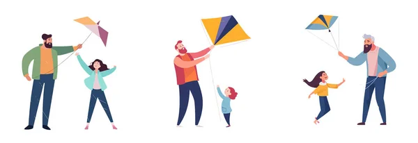 Uppsättning Vektor Illustration Glad Pappa Och Barn Tillbringa Tid Tillsammans — Stock vektor