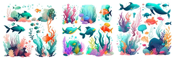 Set Vector Sealife Fish Watercolor Illustration Isolated White Background — Stock Vector
