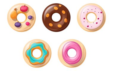 Beyaz arkaplanda izole edilmiş donut üzerine çok renkli jöle vektör illüstrasyonunu ayarla.