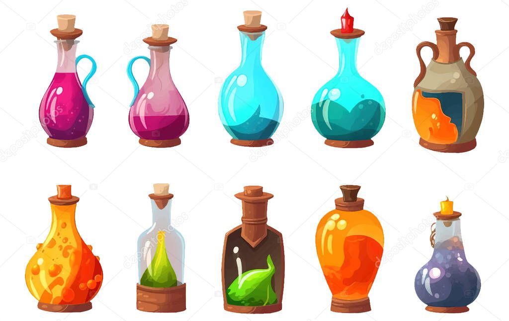 Set vector illustration of potion or poison magic vessel with magic liquid.
