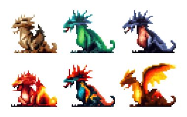 Beyaz arkaplanda izole edilmiş renkli sevimli ejderhaların vektör pikseli çizimini ayarla.