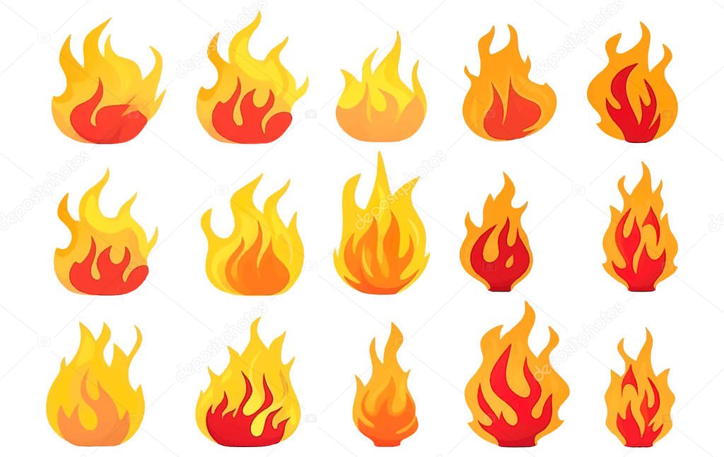 Ui set vector illustration of a flash of fire from a campfire isolated on white background.