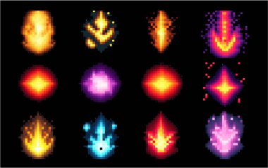 Siyah arkaplanda parlama izolasyonunun vektör piksel resimlemesini ayarla.