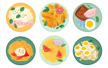 Beyaz arka planda izole edilmiş ev yapımı büyük spagetti tabaklarının vektör illüstrasyonunu ayarla.