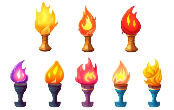 Set Vector Illustration Torches Burning Fire Isolate White Background — Stock Vector