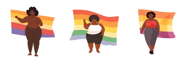 Set Illustrazione Vettoriale Donna Afro Americana Con Isolata Bandiera Arcobaleno — Vettoriale Stock