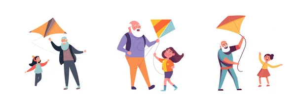 Uppsättning Vektor Illustration Glad Pappa Och Barn Tillbringa Tid Tillsammans — Stock vektor