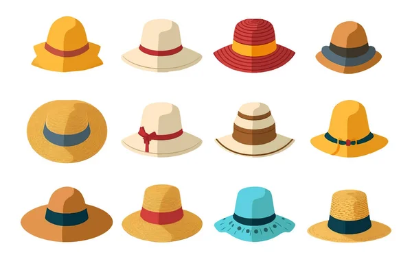 白地に隔離されたビーチで着用する夏の帽子のセットベクトルイラスト — ストックベクタ
