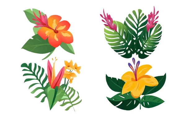 Set Illustration Vectorielle Feuilles Fleurs Tropicales Isolées Sur Fond Blanc — Image vectorielle