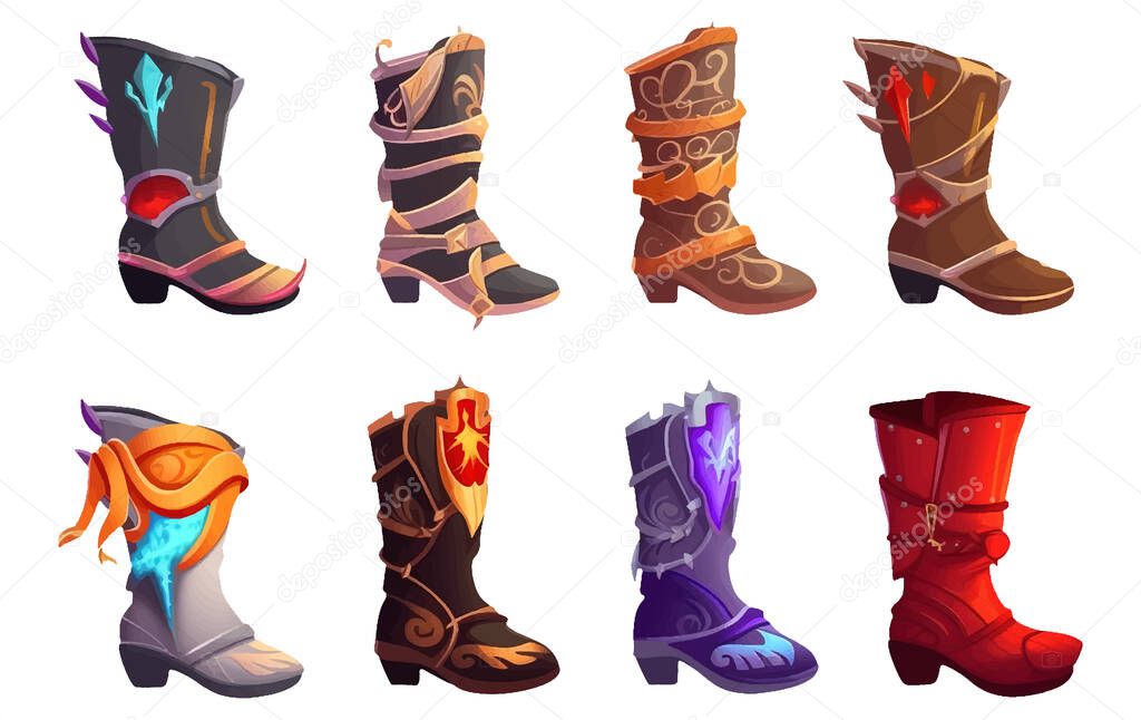 Ui set vector illustration of a set of boots and combat items of a knight isolated on white background.
