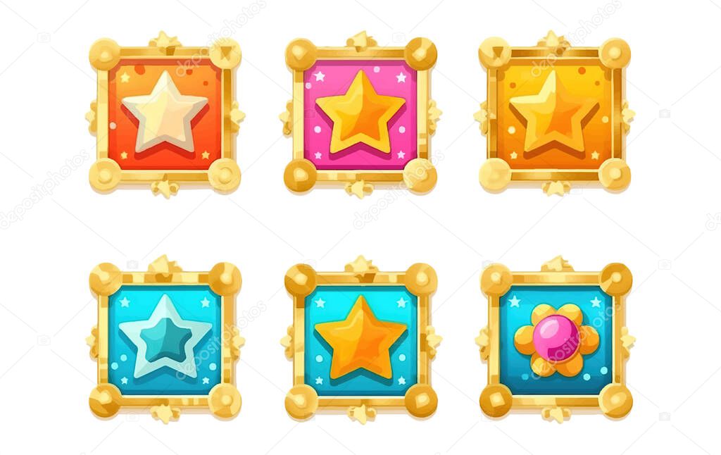 Set vector pixel illustration of winner golden trophy victory game champion ui.