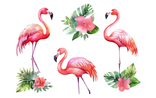 Aquarela Conjunto Ilustração Flamingo Rosa Entre Flores Tropicais Isoladas Fundo — Vetor de Stock