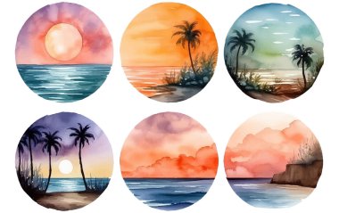 suluboya, plaj günbatımının beyaz arkaplanda izole edilmiş bir daire içindeki vektör çizimi.