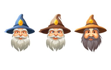 Beyaz arka planda gri sakallı ve sihirli şapkalı yaşlı büyücünün vektör çizimi.